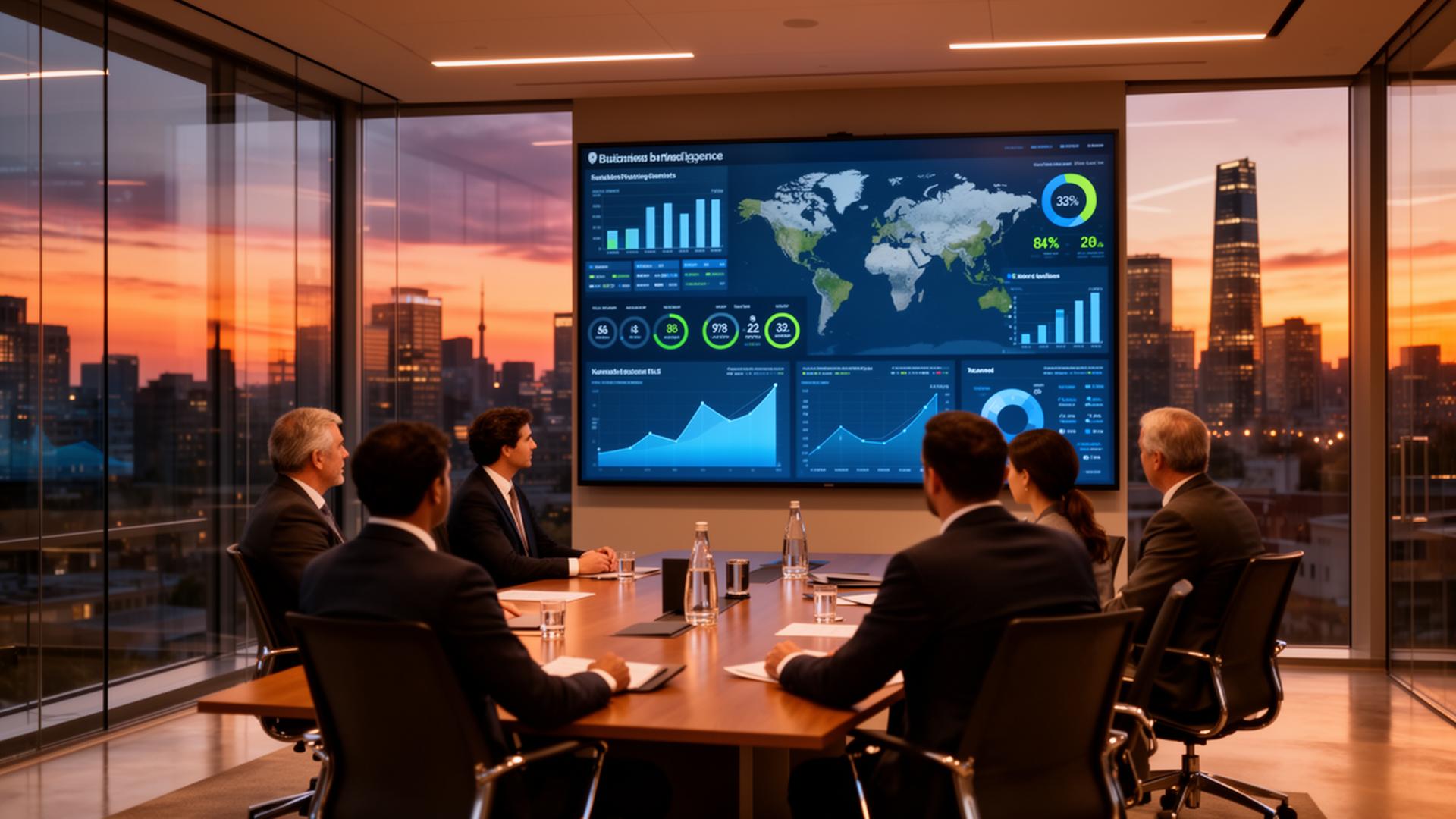 Executives reviewing business intelligence dashboards in a modern boardroom at dusk