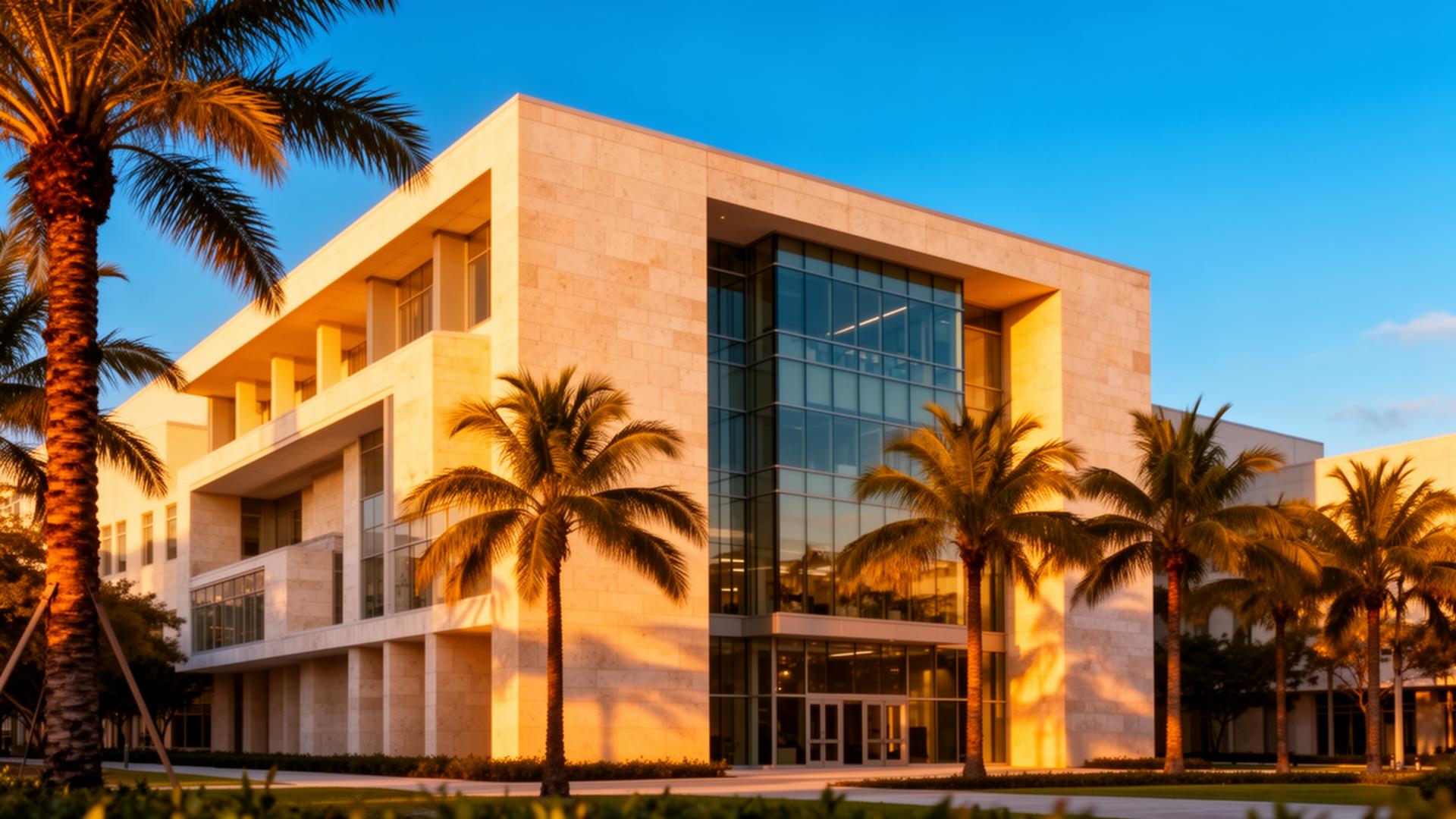 Atlantis University Miami campus exterior at golden hour