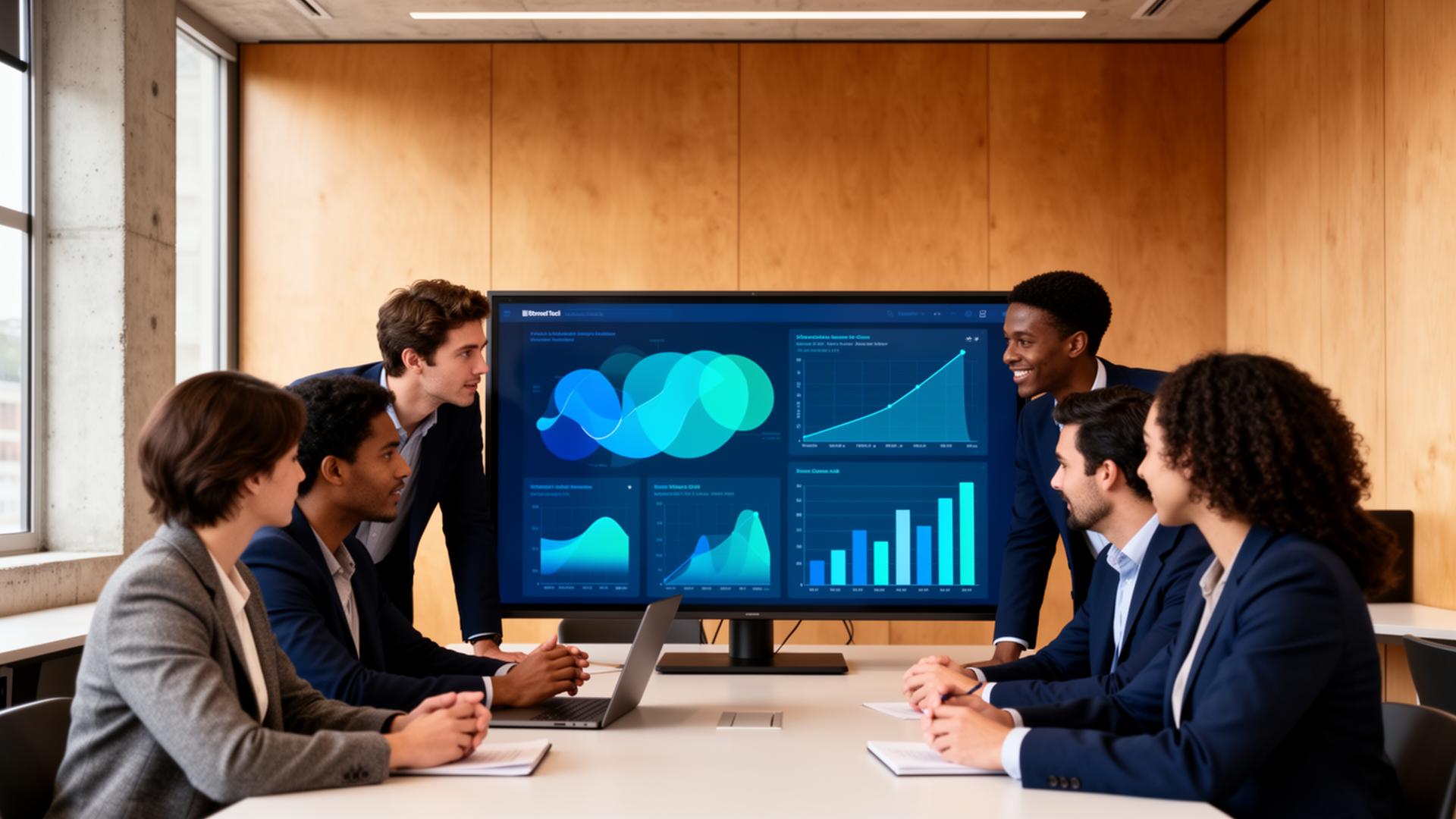 Atlantis University MBA cohort analyzing business intelligence dashboards in a collaborative classroom